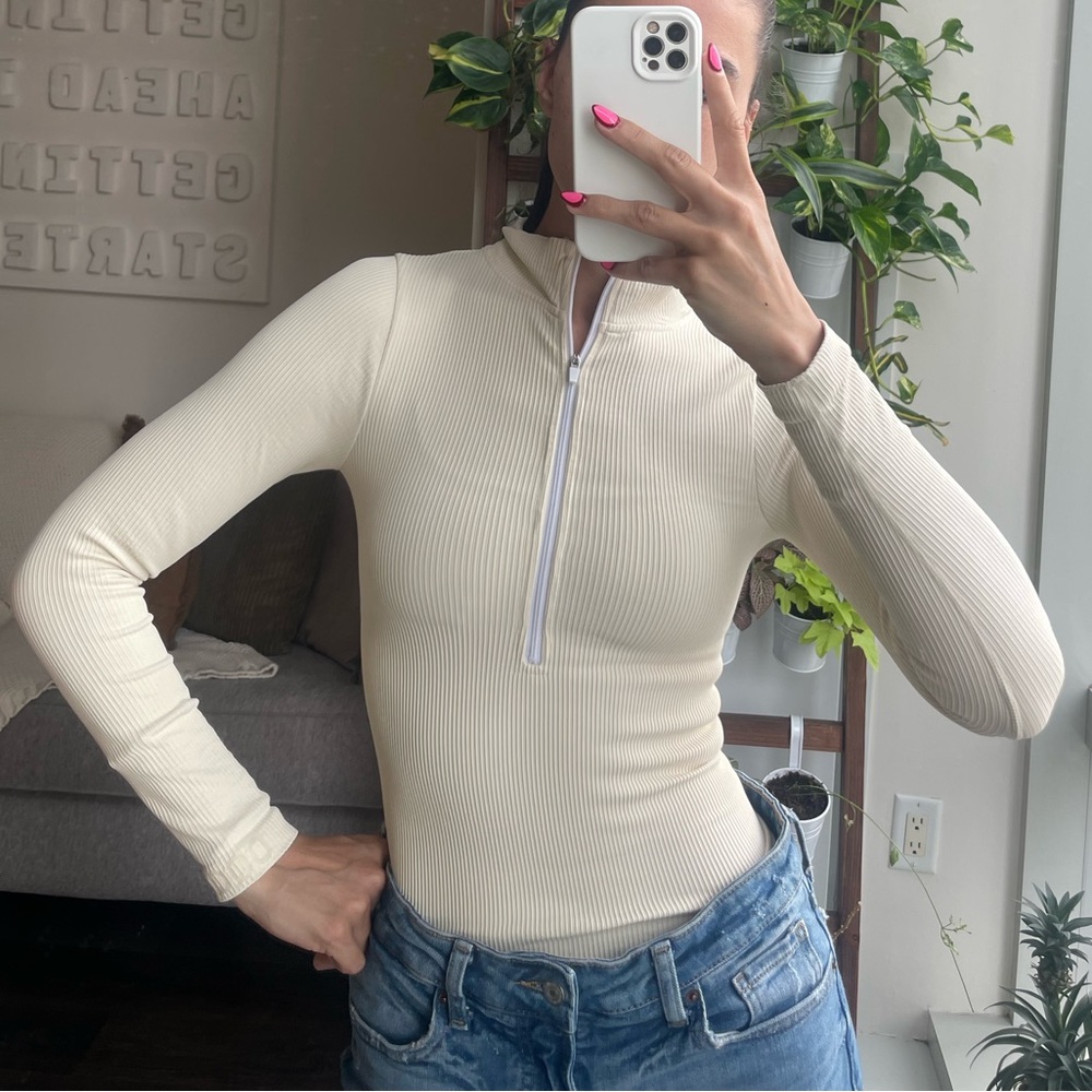 Cream Ribbed Zip-Up Top - Picture 3 of 7